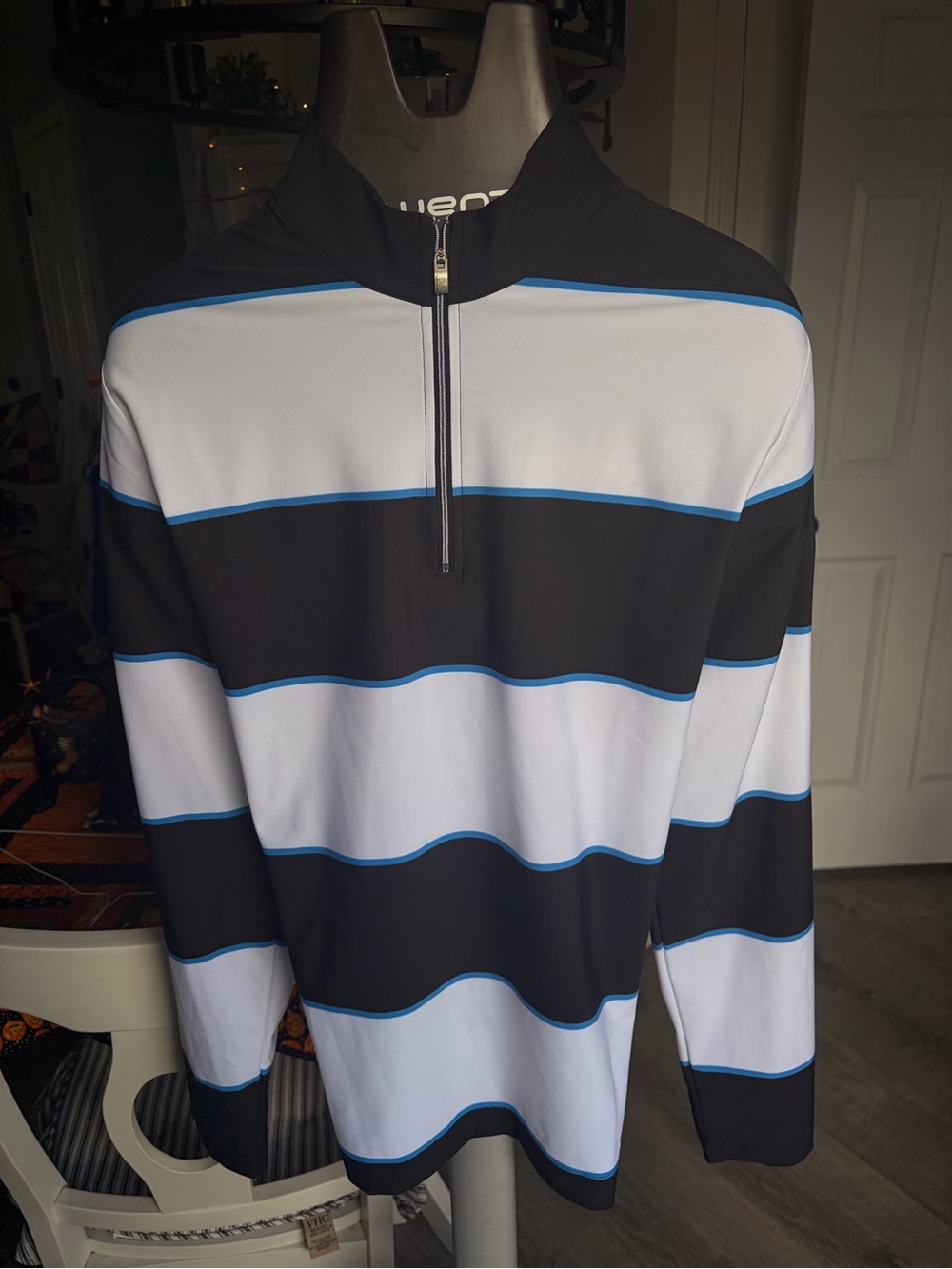 adidas Men's Black, White & Blue Striped quarter zip pullover